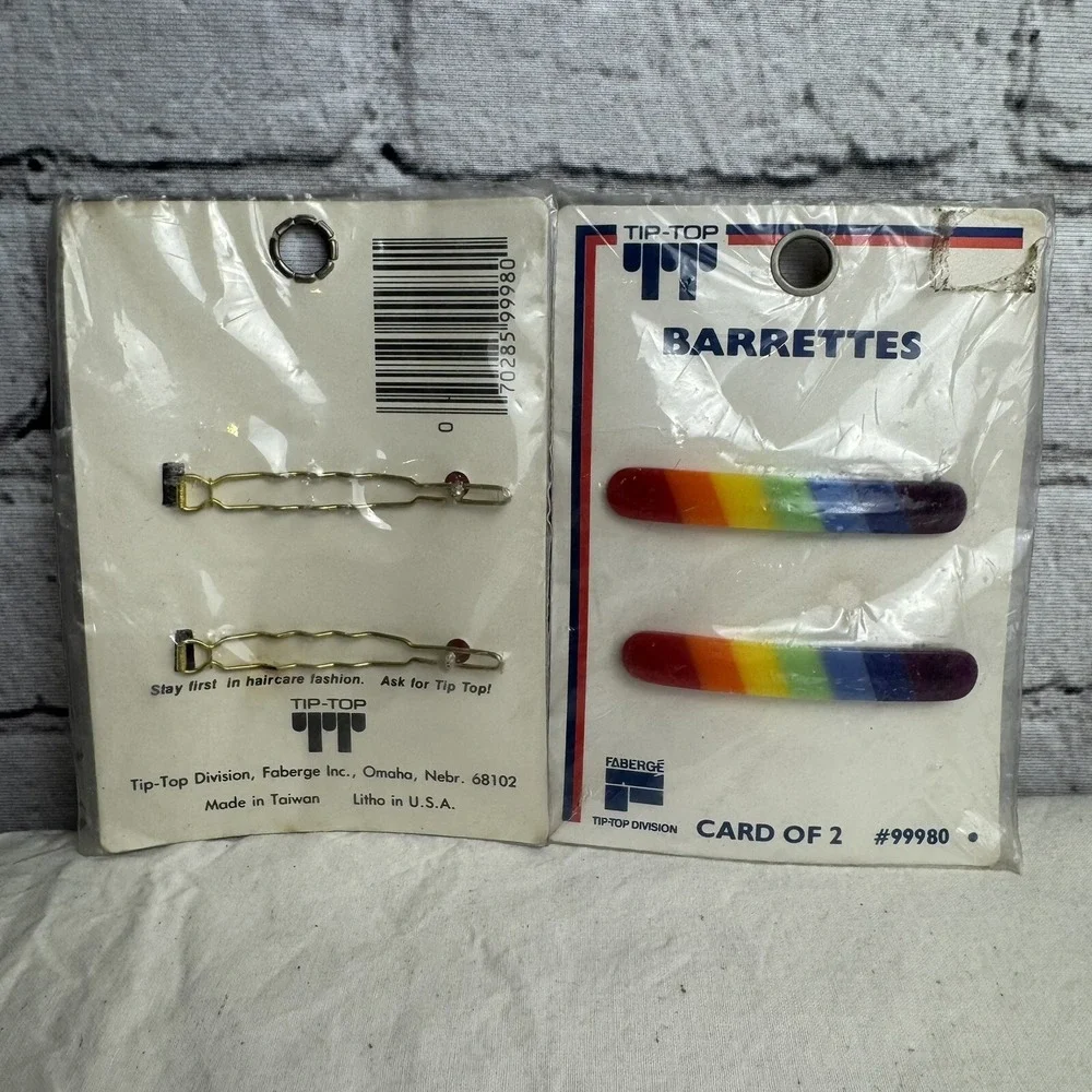 VTG‎ Tip-Top Barrettes (4) Piece Self Clasp Metal and Ball Clasp Rainbow CUTE